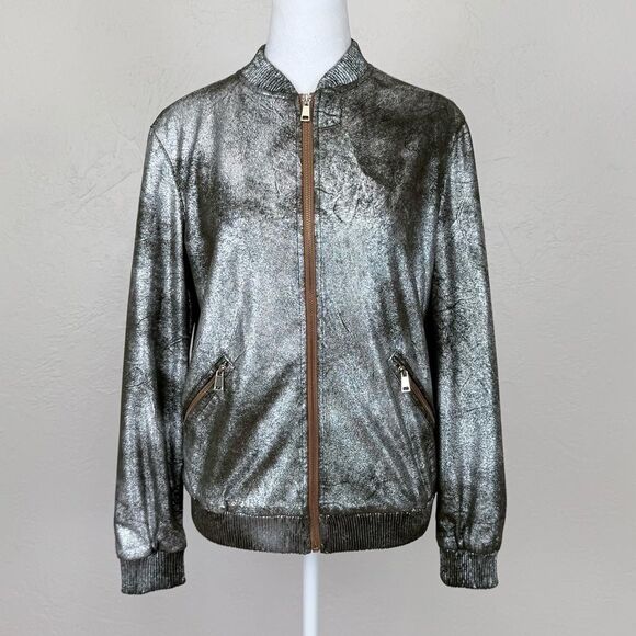 Zara Woman Silver Foiled Metallic Bomber Jacket Size S - Picture 3 of 16